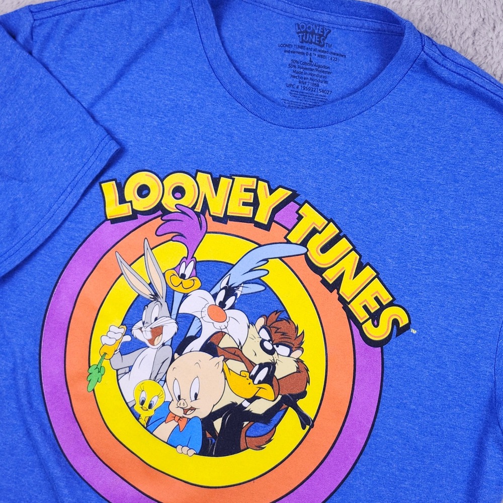 Looney Tunes Graphic T-Shirt Mens Large Blue CrewSS Bugs Bunny‎ Daffy Duck Porky